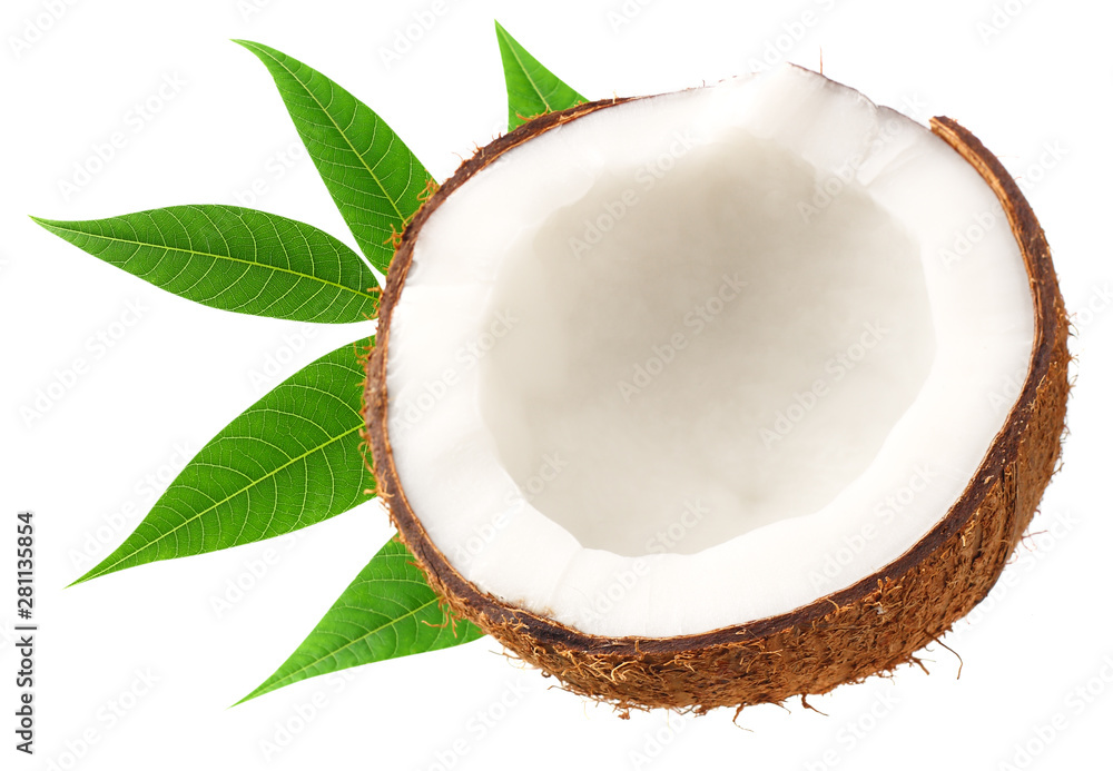 half of coconut with green leaves isolated on white background half of coconut with green leaves isolated on white background