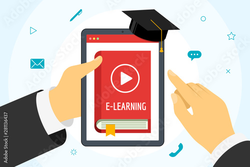 Hand holding tablet with online course red cover book. Distance education concept with play video button and graduation cap. E-learning studying and internet teaching banner vector illustration