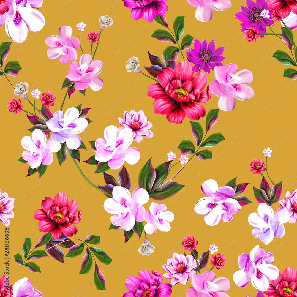 Pattern with spring flowers Pattern with spring flowers with branch, on black background with flower silhouette Pattern with spring flowers Pattern with spring flowers with branch, on black background with flower silhouette