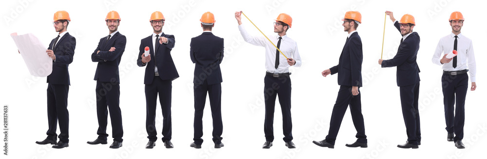 panoramic photo collage of confident architect isolated on white panoramic photo collage of confident architect isolated on white