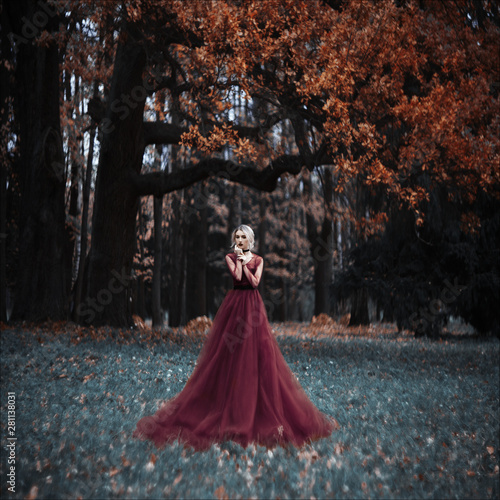 Young fragile girl in a red long dress on the background of the forest like a fairytale