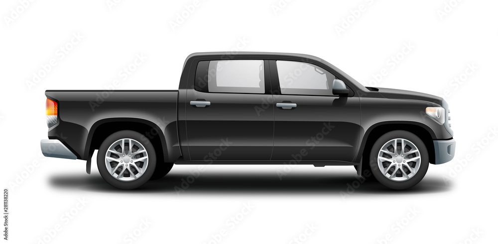 Black Pickup Truck Isolated On White Background. Red Generic SUV Car. Off Road SUV Or Crossover. Side View With Isolated Path. Black Pickup Truck Isolated On White Background. Red Generic SUV Car. Off Road SUV Or Crossover. Side View With Isolated Path.