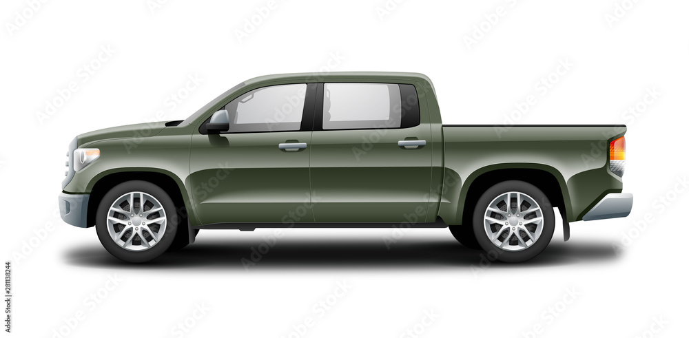 Khaki Pickup Truck Isolated On White Background. Red Generic SUV Car. Off Road SUV Or Crossover. Side View With Isolated Path.