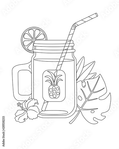 Fresh juice of tropical fruits in a glass bottle with a tube for drinking. The ware for drinks decorated with flowers and leaves of tropical plants. Healthy lifestyle and ecologic food.