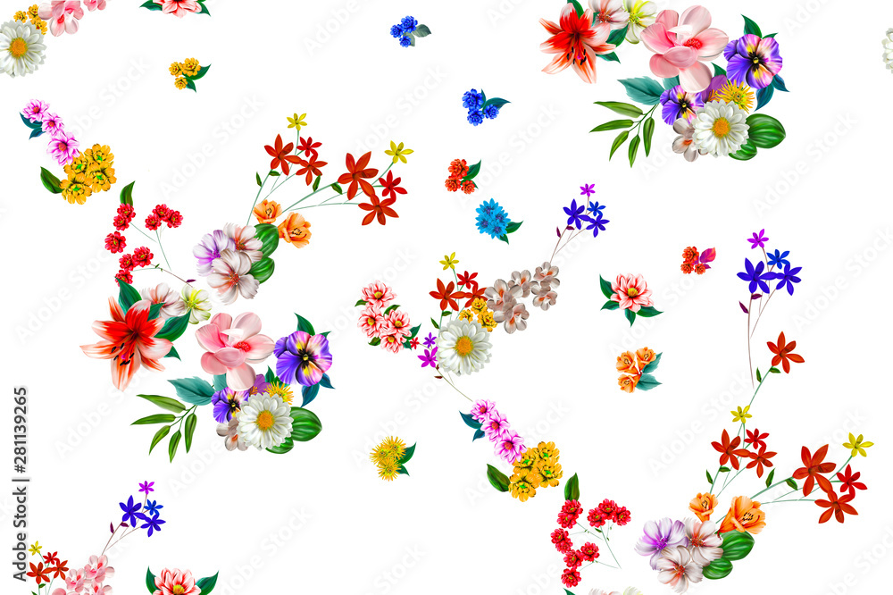 Digital painting of leaf and flowers, seamless pattern 