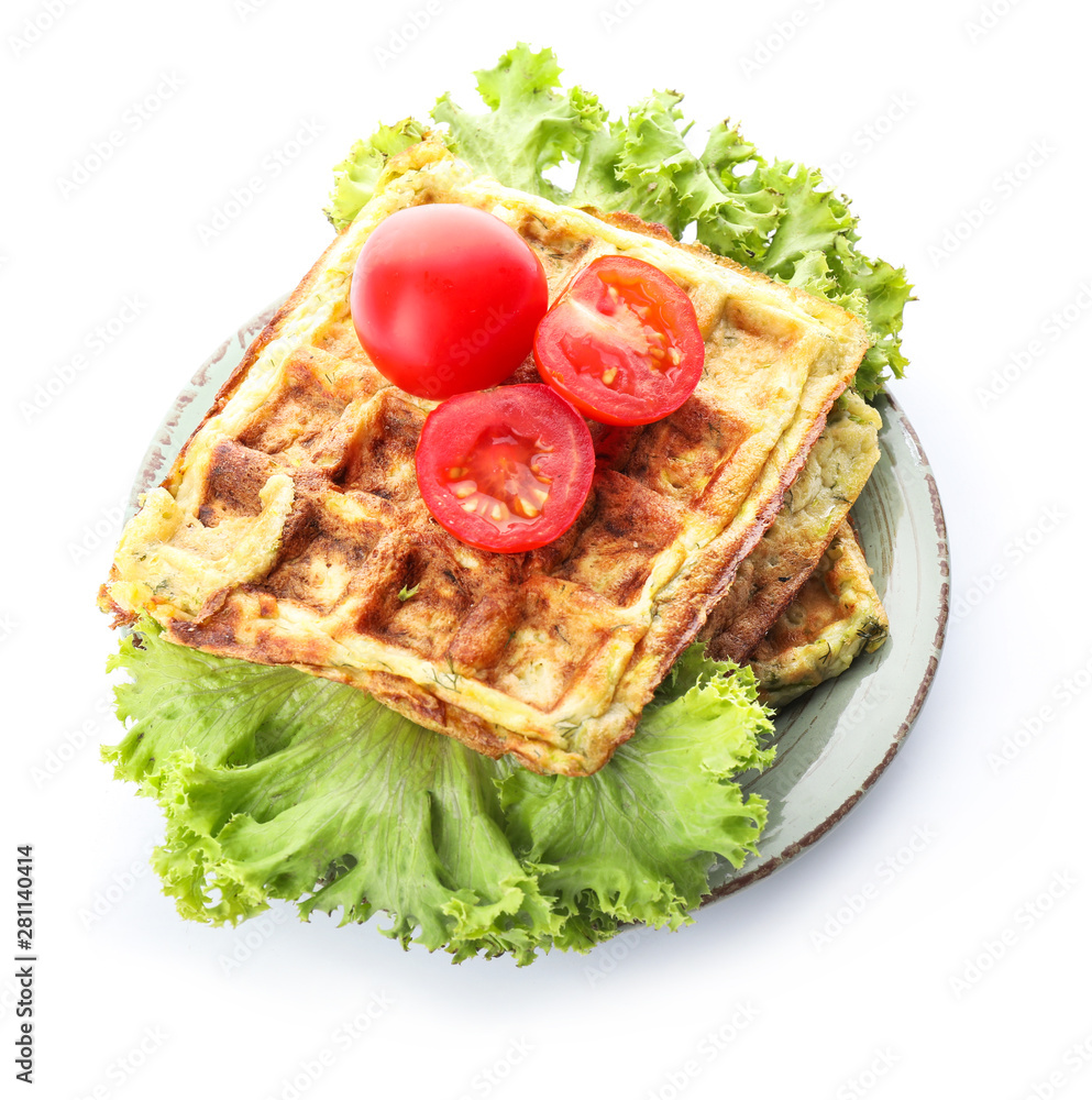 Plate with tasty squash waffles on white background Plate with tasty squash waffles on white background