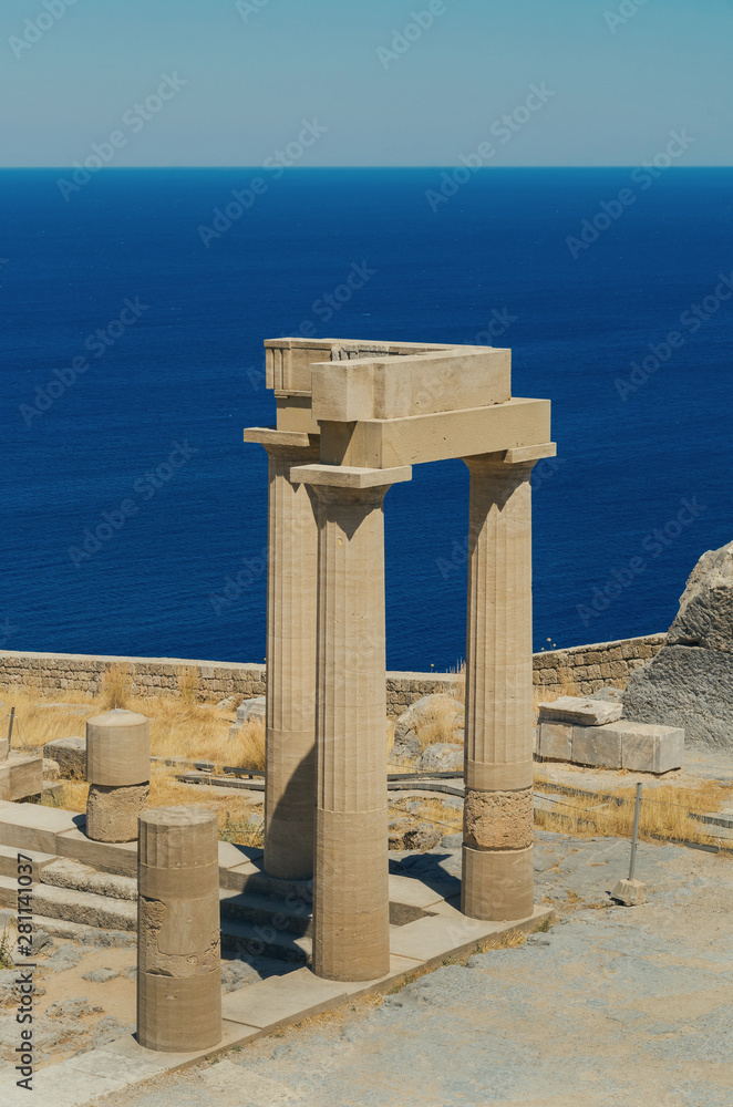 Beautiful scenery in acropolis of Lindos (Rhodes, Greece). Remains of the ancient temple.