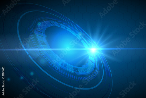 Vector Abstract technology background with eyeball, circuit board, speed motion blur of light rays, arrow, stripe line on dark blue background. Hi-tech, science, futuristic, energy technology concept