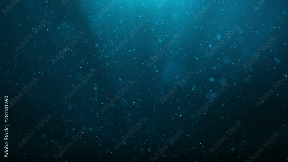Abstract motion background of shining, sparkling blue particles. Beautiful blue floating dust particles with shine light. Seamless Loopable 3D 4K Animation.