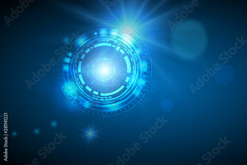 Vector Abstract technology background with eyeball, circuit board, speed motion blur of light rays, arrow, stripe line on dark blue background. Hi-tech, science, futuristic, energy technology concept