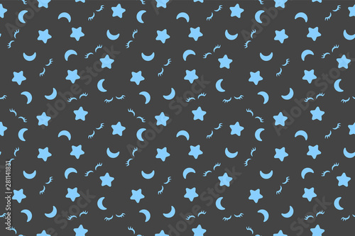 Good night pattern. Seamless print. Grey background. Vector illustration. Blue moon, stars textile print.