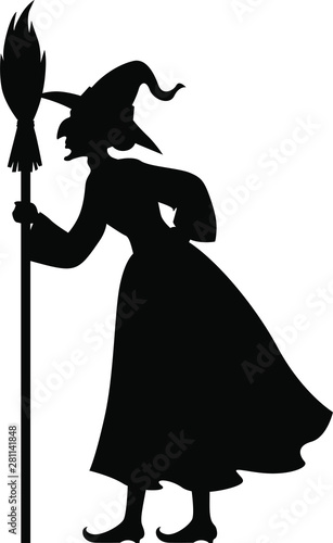 Vector illustrations of Halloween witch with broom silhouette