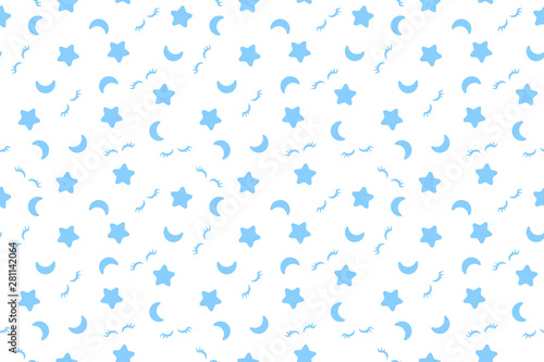 Good night pattern. Seamless print. White background. Vector illustration. Blue moon, stars textile print.