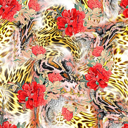 seamless tropical flower with leopard background pattern