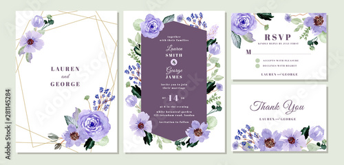 wedding invitation suite with violet floral watercolor