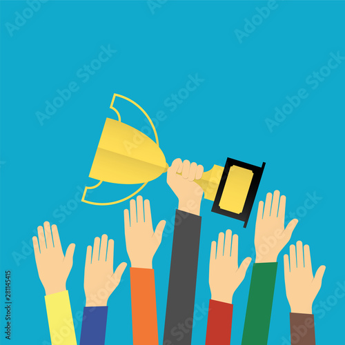 Success team concept, hand holding a big goblet. Vector in flat style