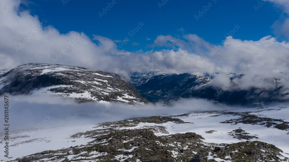 Panorama of the lake Djupvatnet on the road to mount Dalsnibba in Norway. Aerial(drone) shot in july 2019