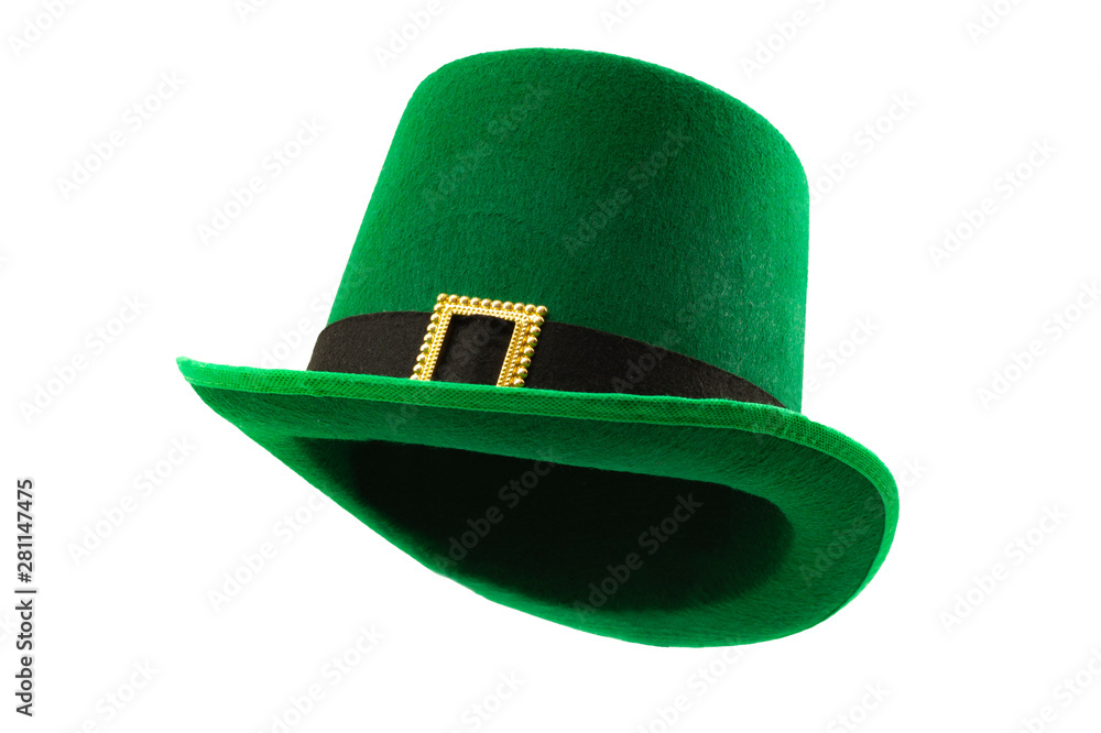 St Patricks day meme and March 17 concept with a multiple angles image of a green parade hat with a belt and buckle isolated on white background with a clip path cut out