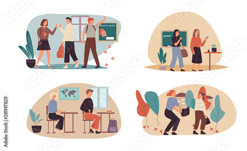 Back to School concept with four designs of schoolchildren arriving at college, greeting the teacher, sitting in class and going home in the afternoon in colorful cartoon vector illustrations