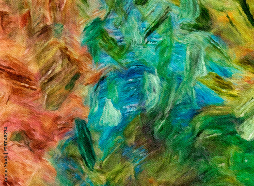 Obraz premium Abstract oil painting texture background. Wall art. Stock. Impressionism and expressionism mixed media style. Colored backdrop. Chaotic strokes and splashes. Hand drawn abstraction. Watercolor element