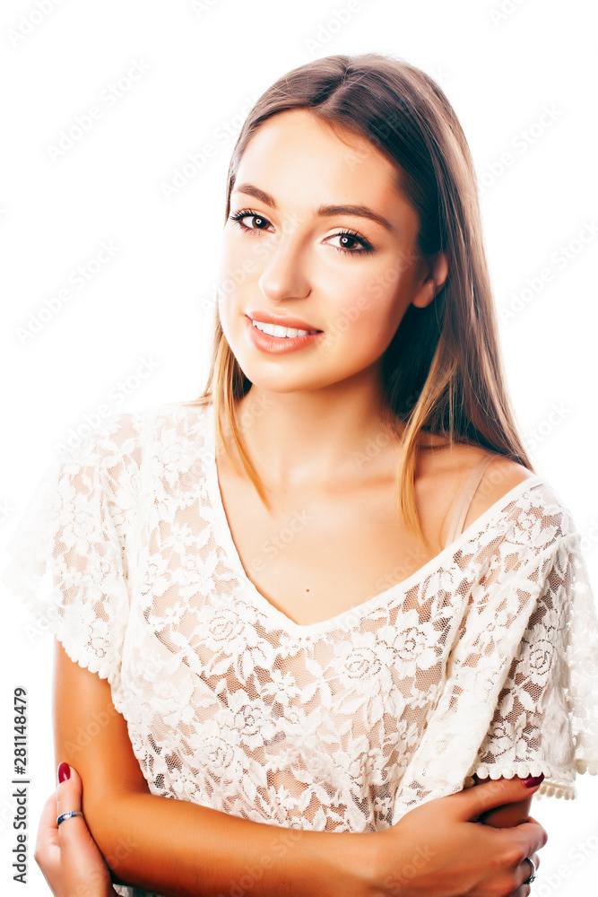 young pretty stylish blond hipster girl posing emotional isolated on white background happy smiling cool smile, lifestyle people concept close up young pretty stylish blond hipster girl posing emotional isolated on white background happy smiling cool smile, lifestyle people concept close up