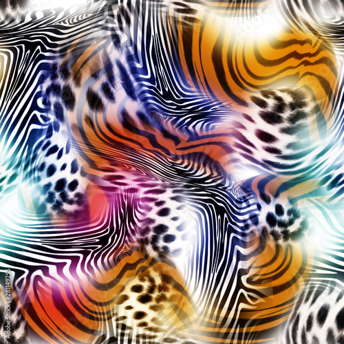 Mix animal skin print repeat seamless pattern design. Leopard  snake  zebra  tiger  crocodile texture background.