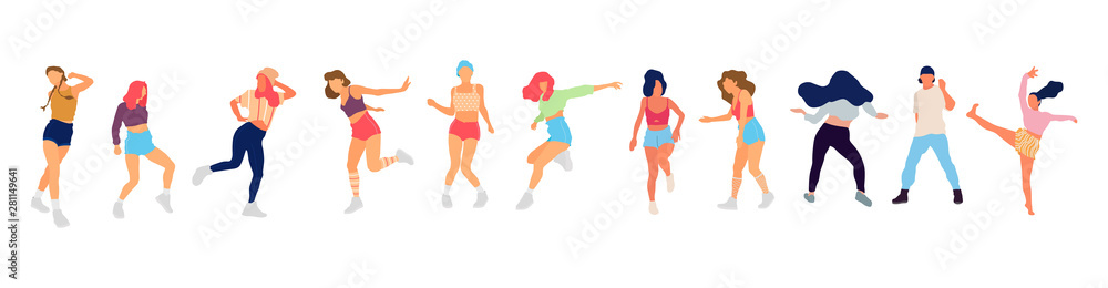 Crowd of young people dancing at club. Big set of characters having fun at party. Flat colorful vector illustration. Crowd of young people dancing at club. Big set of characters having fun at party. Flat colorful vector illustration.