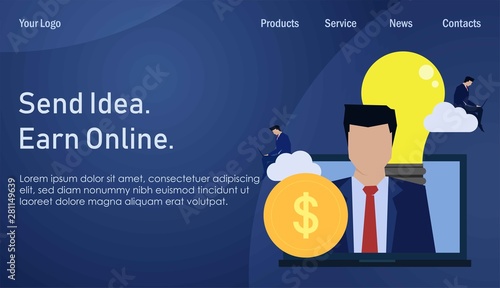 Businessman personality with idea and money online cloud recruitment. Business Landing Page Template.