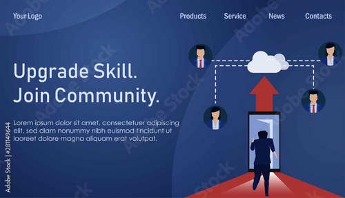 Businessman run to phone get a job online cloud server. Business Landing Page Template.