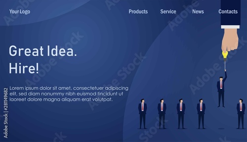 Hand pick businessman with idea to the top next level. Business Landing Page Template.
