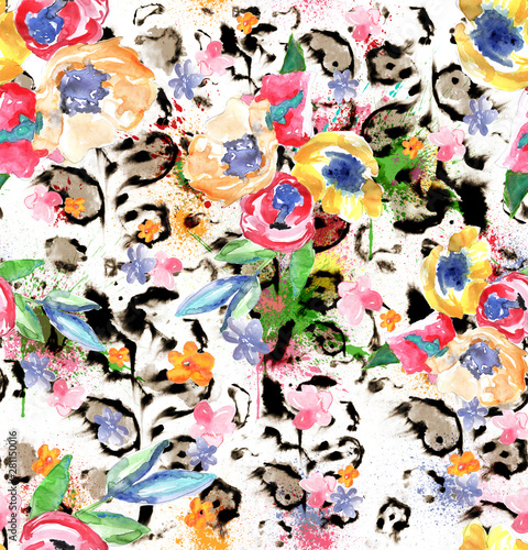watercolor leopard floral seamless pattern