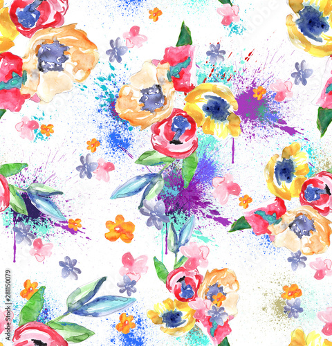 watercolor leopard floral seamless pattern