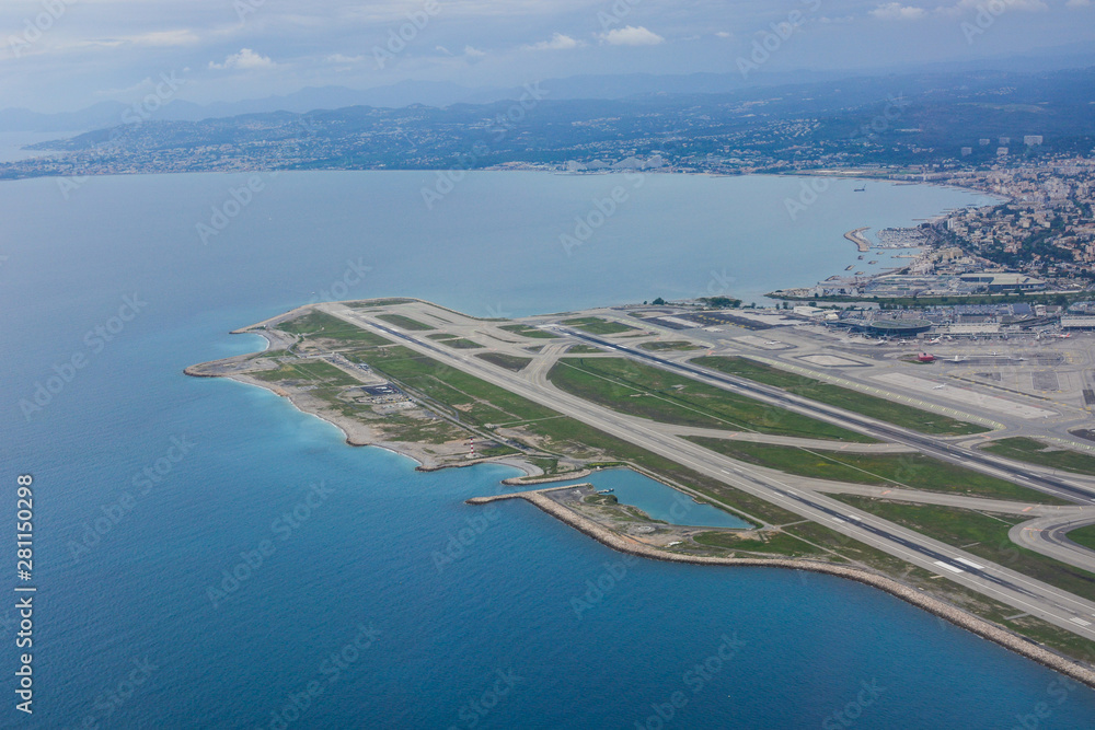 Panorama of the French Riviera and Nice airport, France. View from above