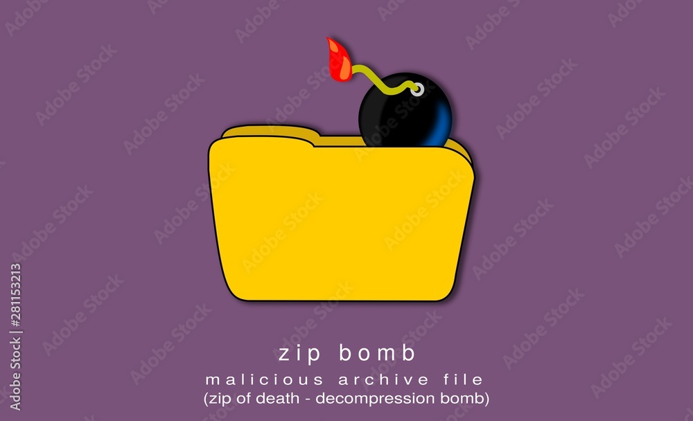 Illustration, poster of a zip bomb, a malicious archive file, also known as  a zip of death or decompression bomb. Lilac background. Compressed file.  Stock Illustration | Adobe Stock