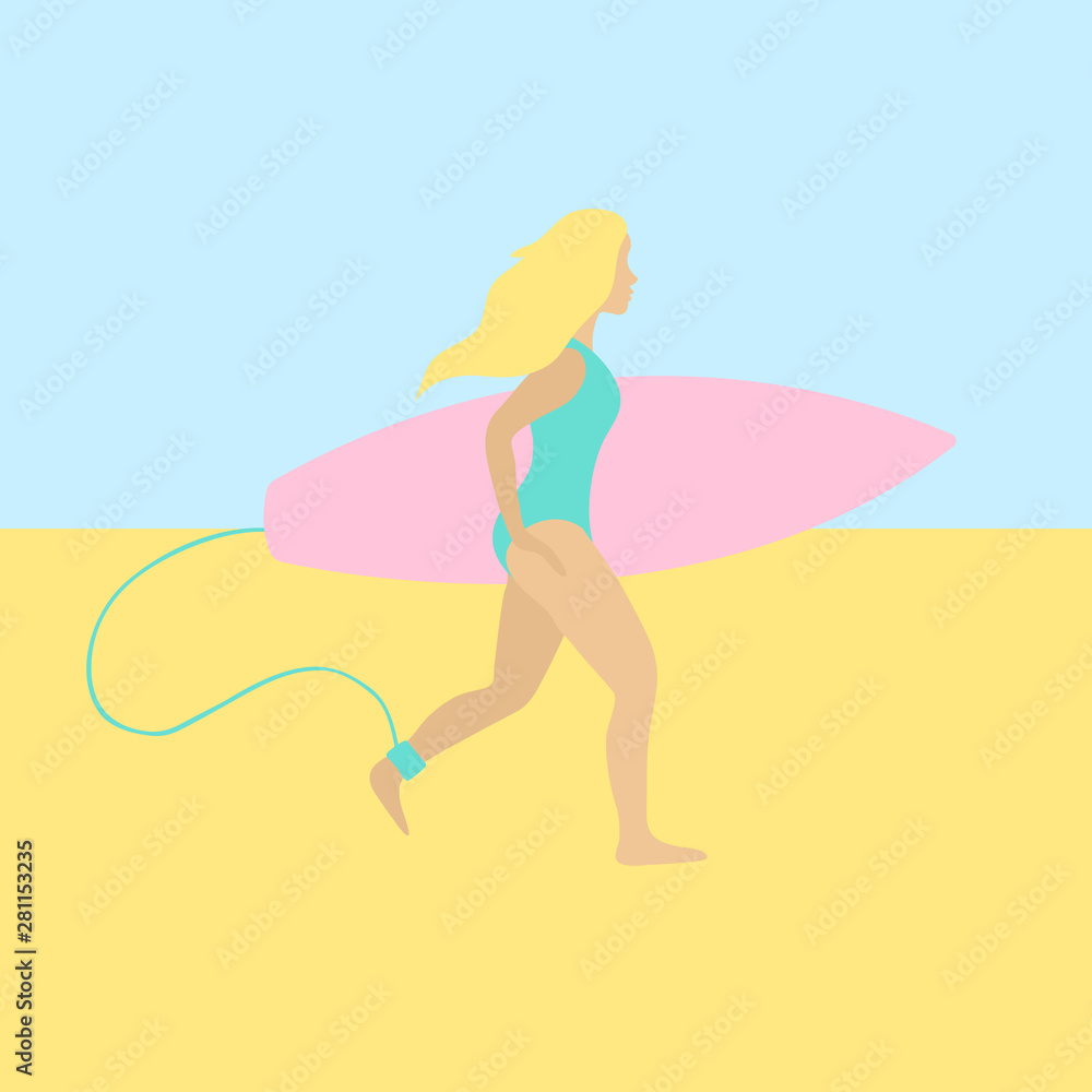 Vector flat cartoon surfer girl running with board on the beach background