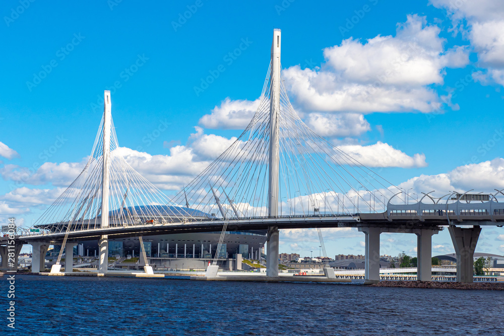 Obraz premium Saint-Petersburg. Russia. St. Petersburg highway panorama. Western high-speed diameter. Vansu bridge through the Petrovsky fairway. Neva river. Petersburg bridges. Petersburg roads. Russian cities.