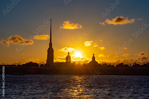Saint-Petersburg. Russia. Peter and Paul fortress at sunset. Outlines of Peter and Paul at dusk in the setting sun. Neva river. St. Petersburg architecture. Russian cities. Travelling to Petersburg.