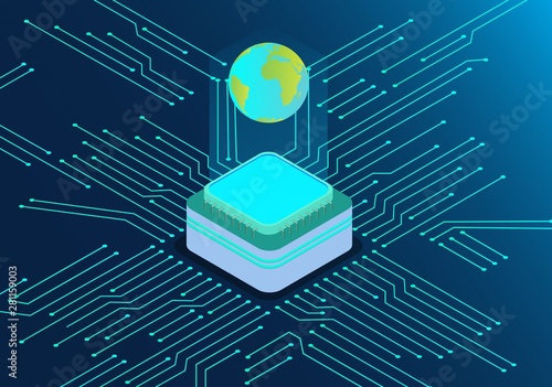 CPU chip and circuit board isometric with earth