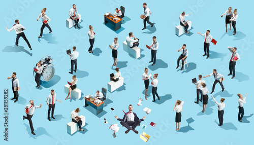 Conceptual image of business processes with businessman and businesswoman on blue. Flat isometric view. The human resources  communication  internet  teamwork concept. Miniature people. Collage