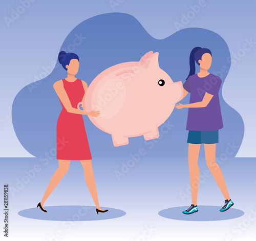businesswomen with piggy to save cash money