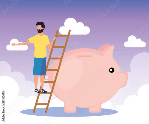 businessman with piggy to save cash money