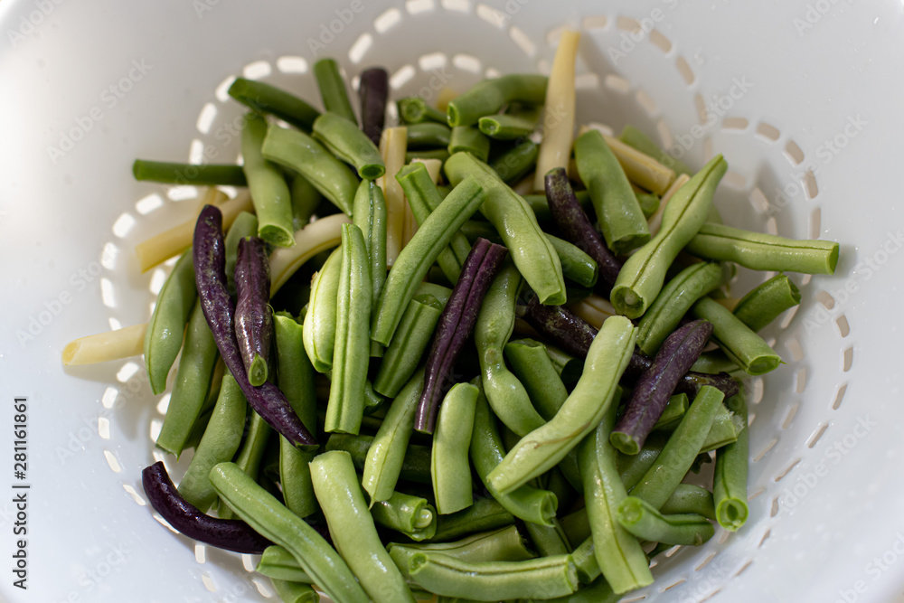 fresh green beans in the process of being cleand for cooking and canning. fresh green beans in the process of being cleand for cooking and canning.