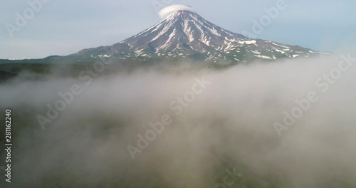 Flying in the fog to the volcano Kronotsky