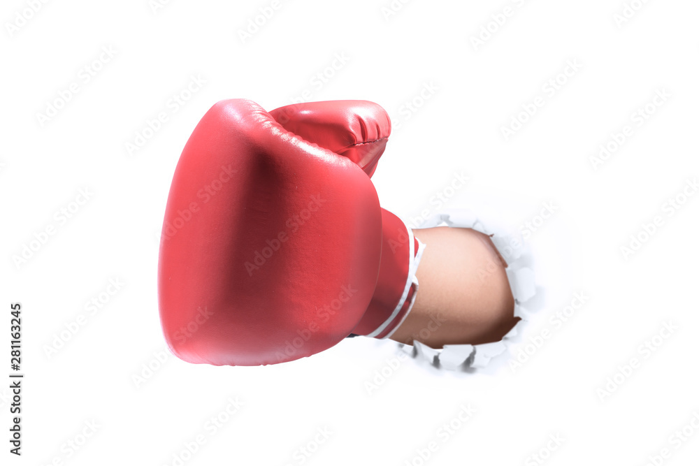 Surprise punch of red boxing gloves