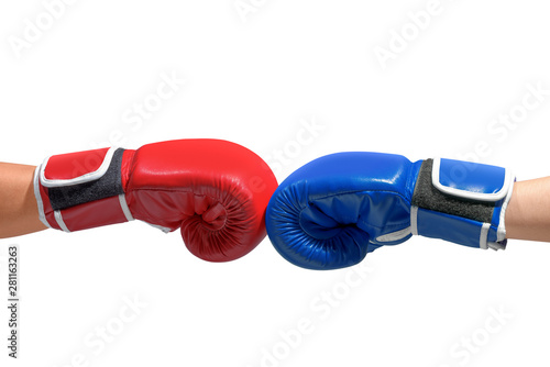 Hands of two men with blue and red boxing gloves bumped their fists