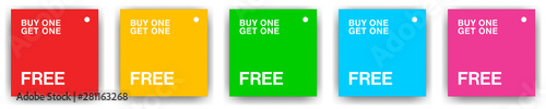 Pack of 5 square product tags for buy one get one free with gently rounded type and different background colours