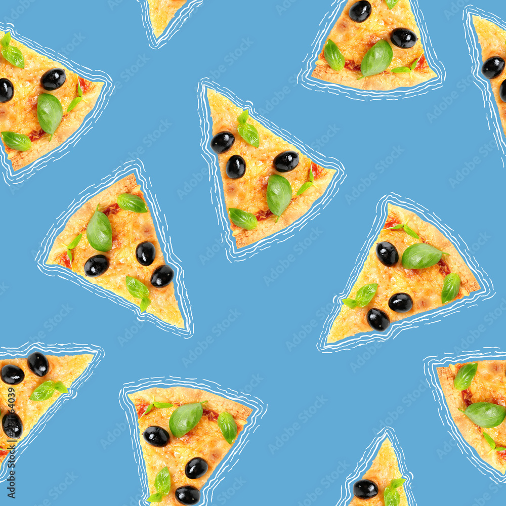 Slices of delicious pizza on blue background Slices of delicious pizza on blue background
