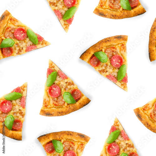 Slices of delicious pizza on white background