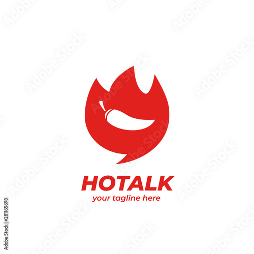Hot talk logo, bubble speak logo with flame fire shape and chilli icon inside