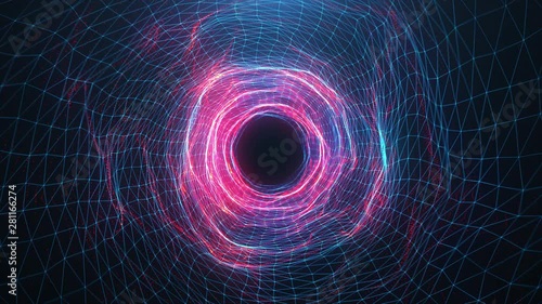 Abstract motion digital wormhole, tunnel consisting blue and red sparkling particle and lines. Way through the digital network beautiful blue and red particles. Seamless Loopable 3D 4K animation